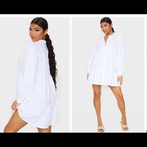 PrettyLittleThing White Long Sleeve Collar Tiered Button Dress